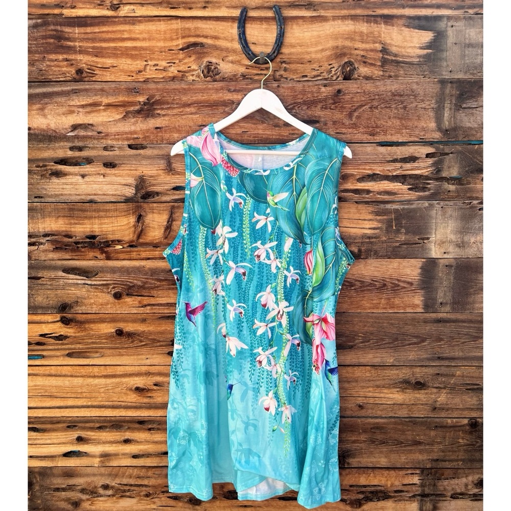 UNBRANDED | Teal Turquoise Hummingbird Floral Sleeveless Dress 3XL